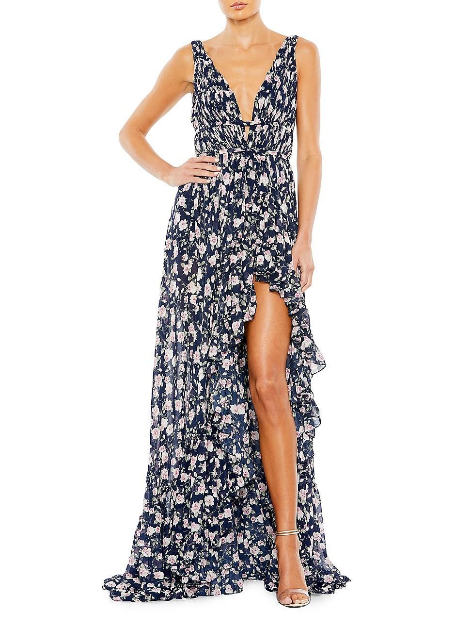 Mac Duggal Floral Print Sleeveless Ruffle Tiered High-Low Plunging V Product Image