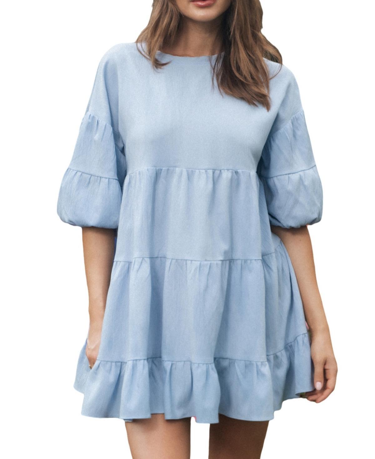 Cupshe Womens Light Blue Ruffled Puff Sleeve Mini Beach Dress - Light product image