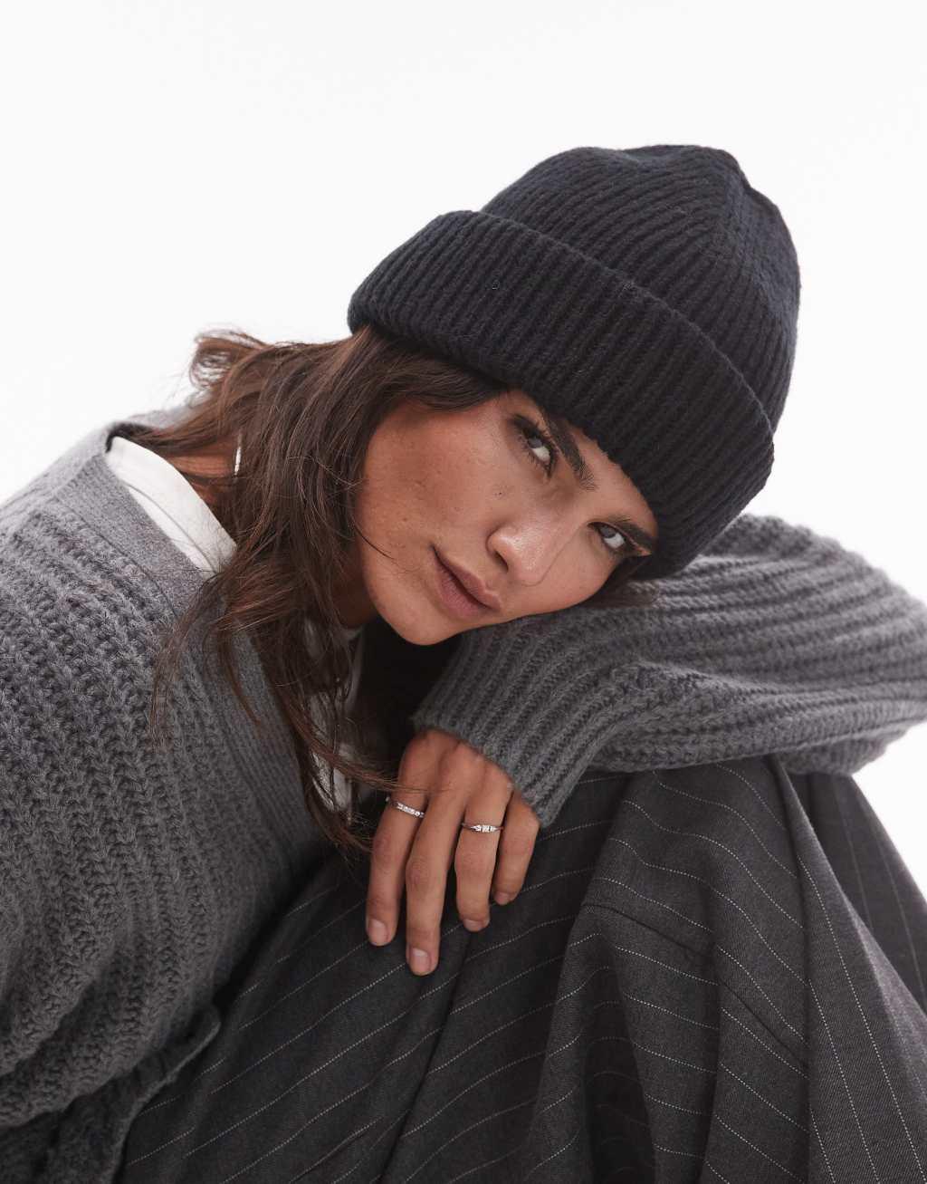 Topshop Henry ribbed beanie in black Product Image