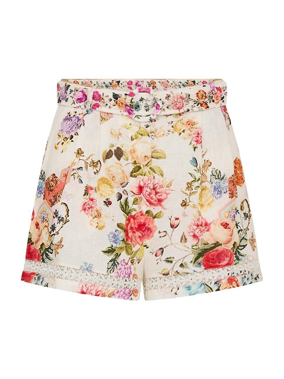 Womens Floral Linen Belted Shorts Product Image