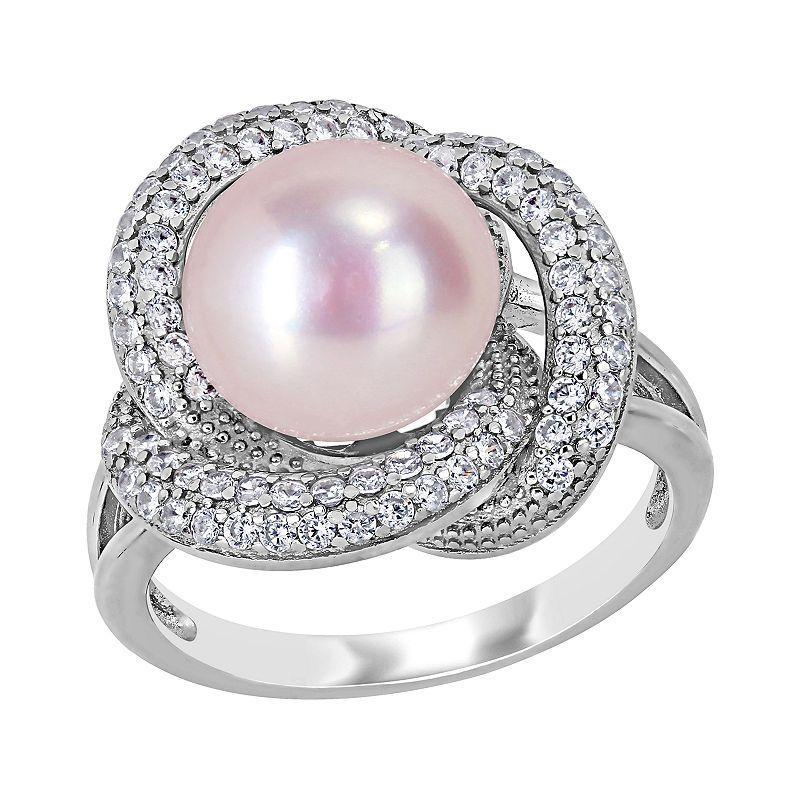 Stella Grace Sterling Silver Cubic Zirconia & Dyed Pink Freshwater Cultured Pearl Knot Ring, Womens Multicolor Product Image