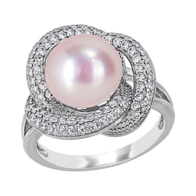 Stella Grace Sterling Silver Cubic Zirconia & Dyed Pink Freshwater Cultured Pearl Knot Ring, Womens Product Image