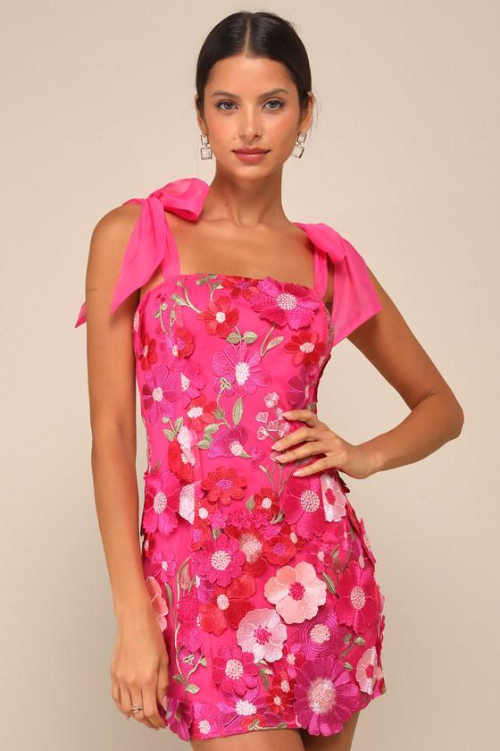 Emphatically Adorable Hot Pink Floral Tie-Strap Mini Dress Product Image