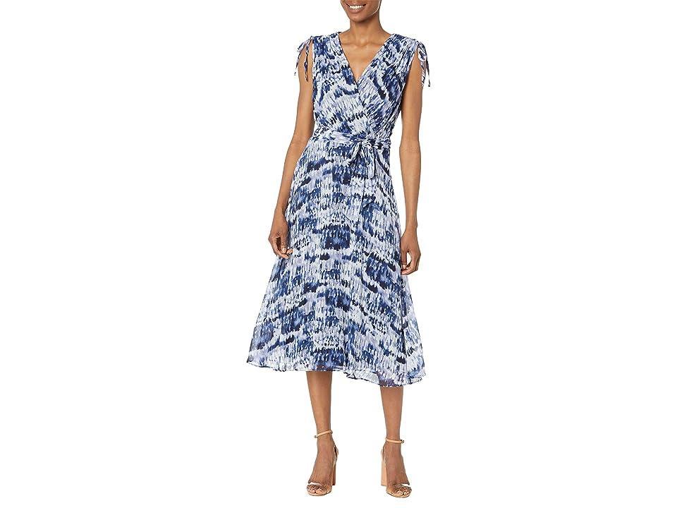 DKNY Ruched Sleeve V-Neck Midi Dress (Spring Navy Multi) Women's Clothing Product Image