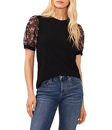 CeCe Womens Scattered Daisy Short Puff Sleeve Knit Top Product Image