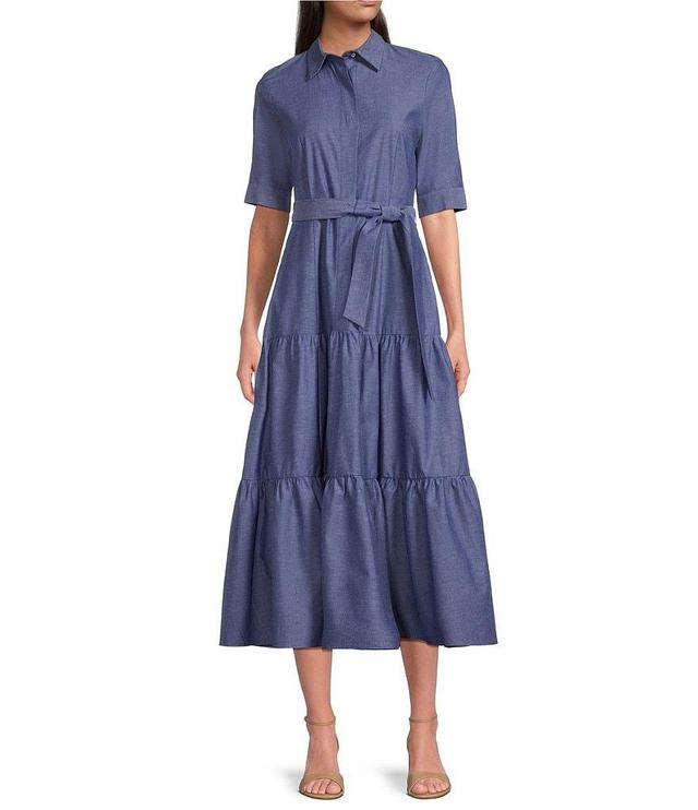 Calvin Klein Short Sleeve Point Collar Tie Waist Denim Tiered Skirt A-Line Midi Dress Product Image