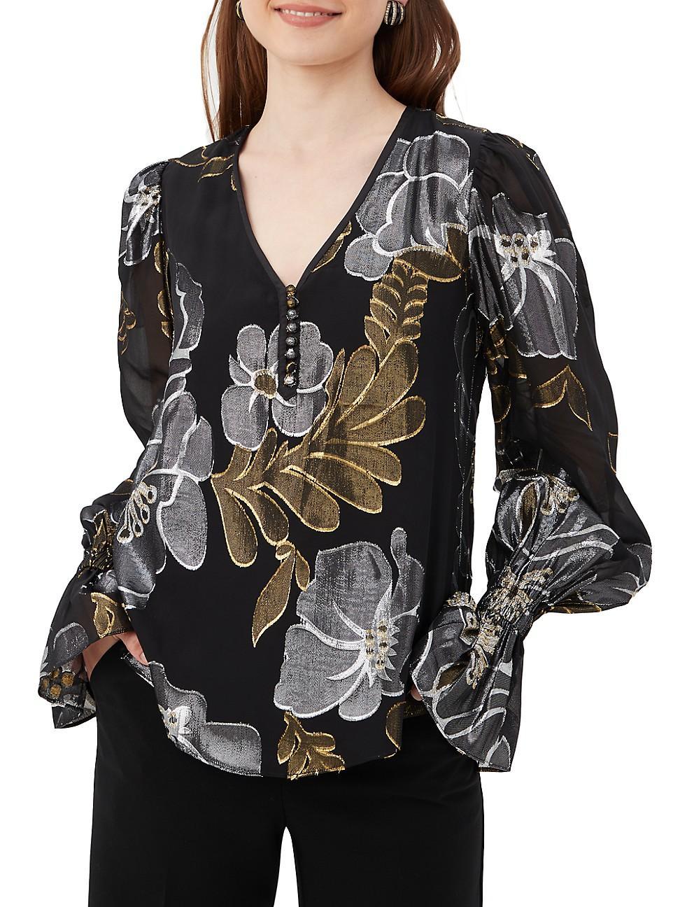 Trina Turk Kaito Metallic Floral Print V-Neck Long Balloon Sleeve Top Product Image