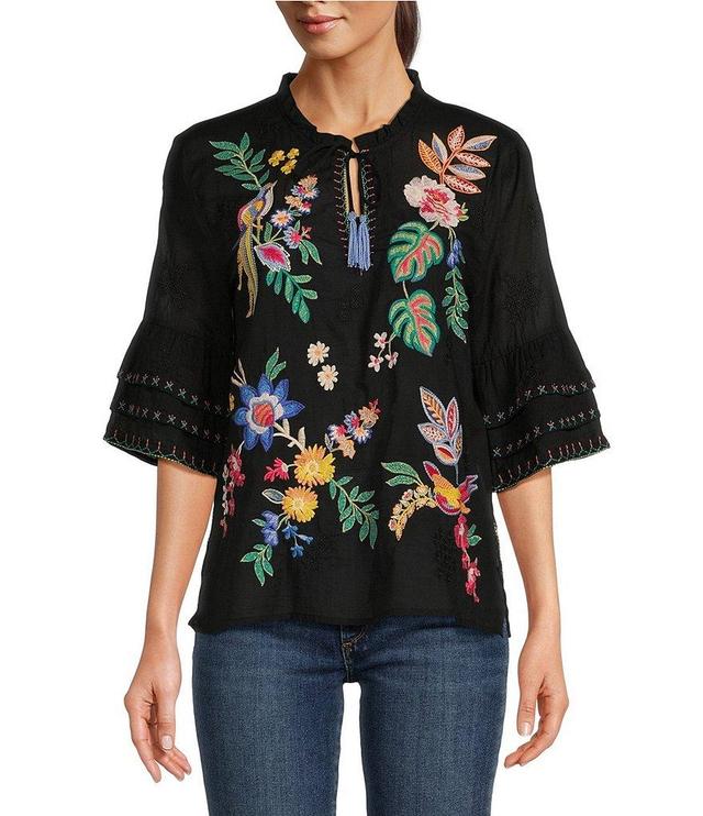 JOHNNY WAS Jeanette Embroidered Floral Split V-Neck 3/4 Ruffle Sleeve Cotton Blouse Product Image