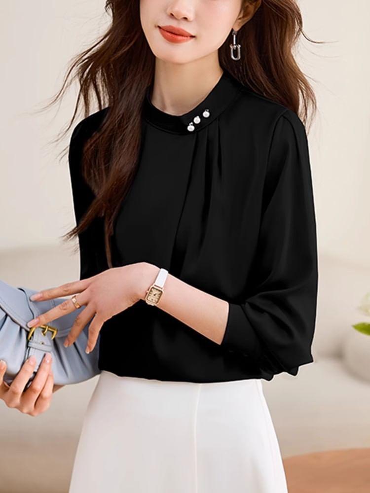 Long-Sleeve Stand Collar Plain Faux Pearl Accent Ruched Blouse Product Image