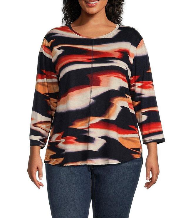 Westbound Plus Size Reflective Sunset Print 3/4 Sleeve Knit Crew Neck Top Product Image