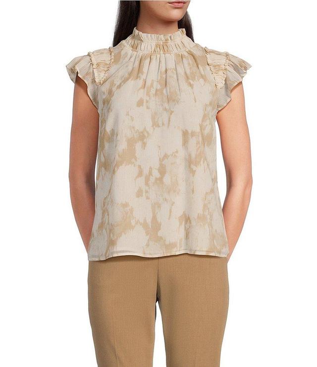 Calvin Klein Printed Mock Neck Ruffled Cap Sleeve Top Product Image