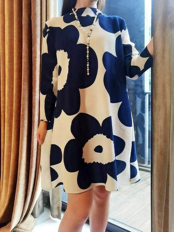 Long Sleeves Loose Flower Print Pleated Mock Neck Mini Dresses Product Image