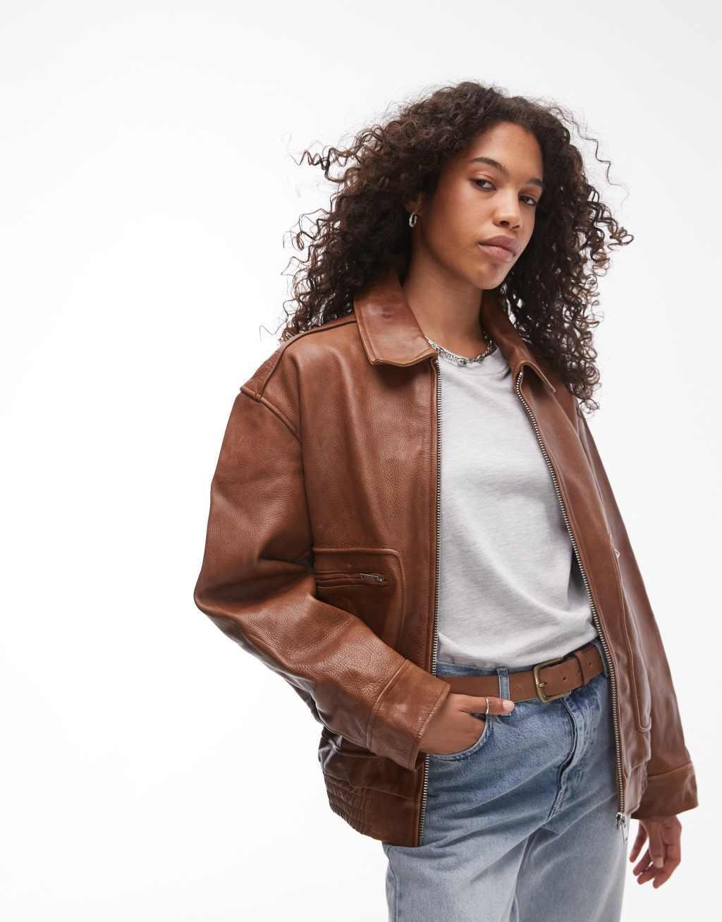 Topshop premium real leather oversized bomber jacket in brown Product Image