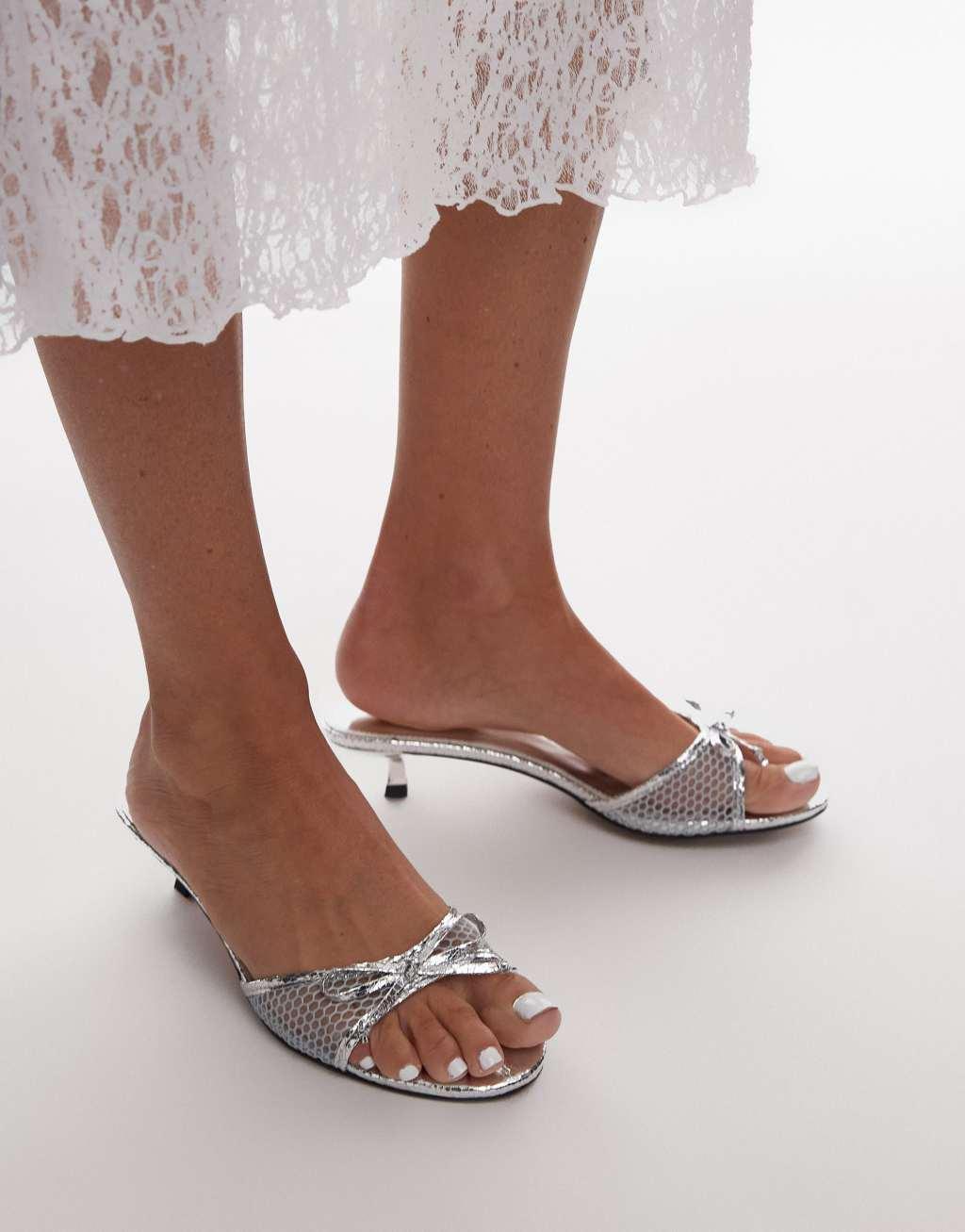 Topshop Imai mesh mid heeled mules with bow detail in silver Product Image