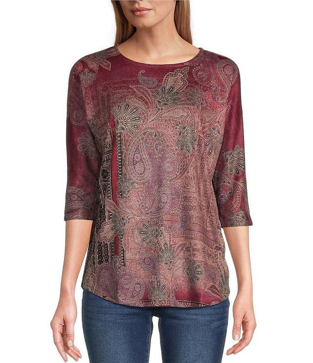 Leo & Nicole Petite Size Stretch Knit Pink Paisley Patrol Print Crew Neck 3/4 Sleeve Top Product Image