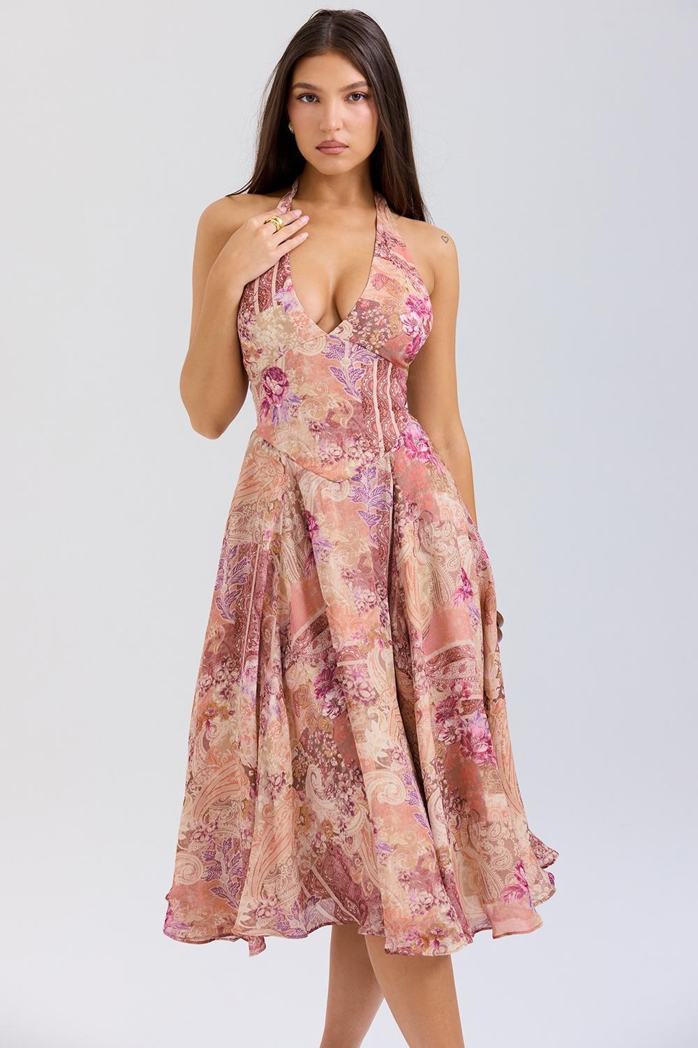 Solada Paisley Patchwork Print Georgette Halter Sundress Product Image