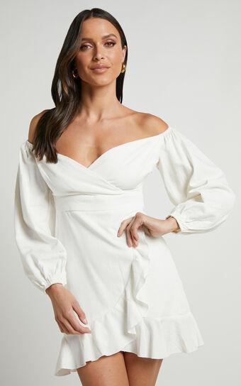 Can't Move On Mini Dress - Linen Look Off Shoulder Dress in White Linen Look Product Image