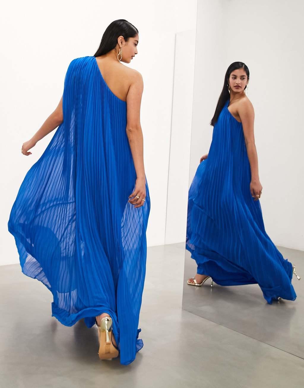 ASOS EDITION extreme pleated one shoulder maxi dress in bright blue Product Image