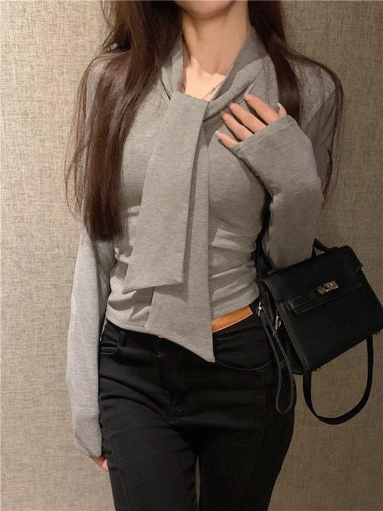 Long Sleeve Tie Neck Plain Ruched Crop T-Shirt Product Image