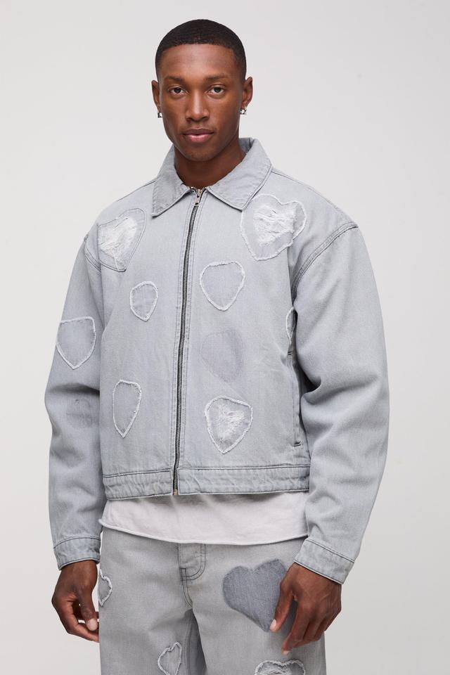 Mens Grey Boxy Fit Heart Applique Denim Bomber Jacket, Grey Product Image