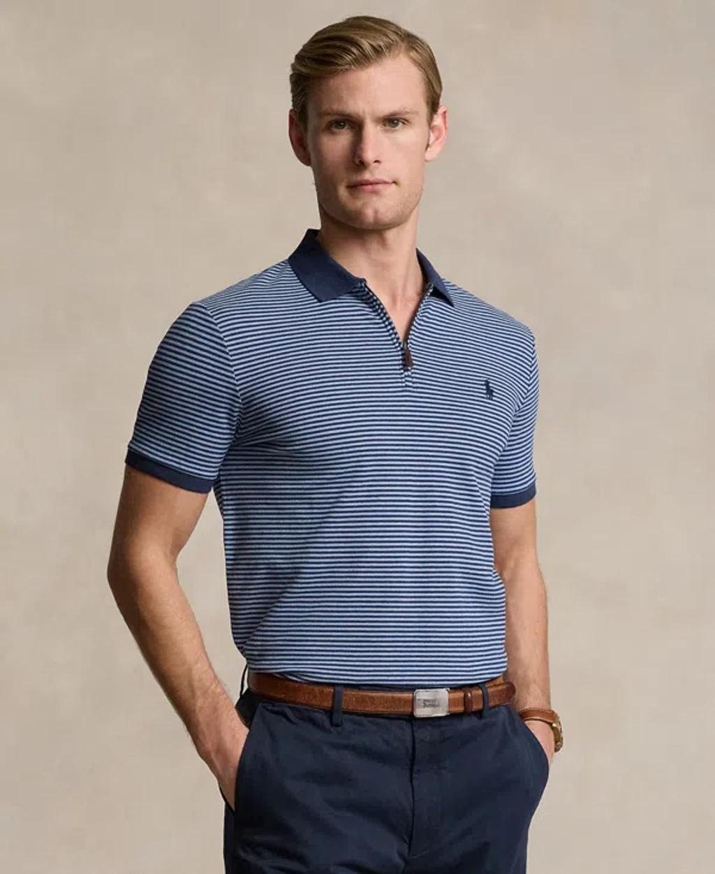 Men's Classic-fit Stretch Mesh Zip Polo Shirt In Spring Navy,isle Heather Product Image