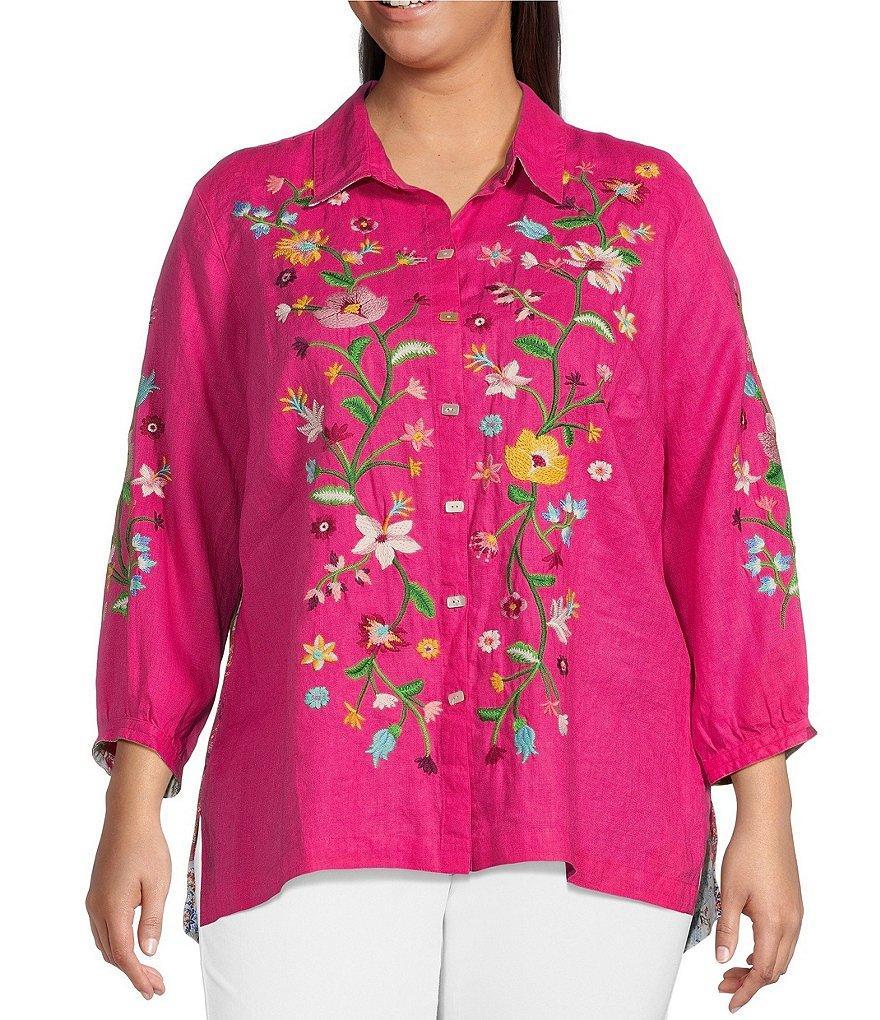 John Mark Plus Size Embroidered Floral Point Collar 3/4 Puff Sleeve Button-Front Woven Tunic Product Image