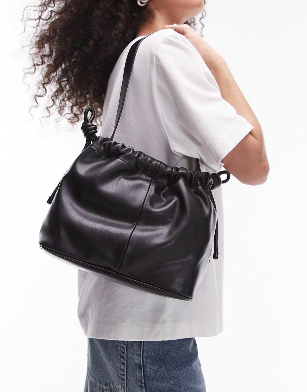 Topshop Sonny drawstring topline shoulder bag in black Product Image