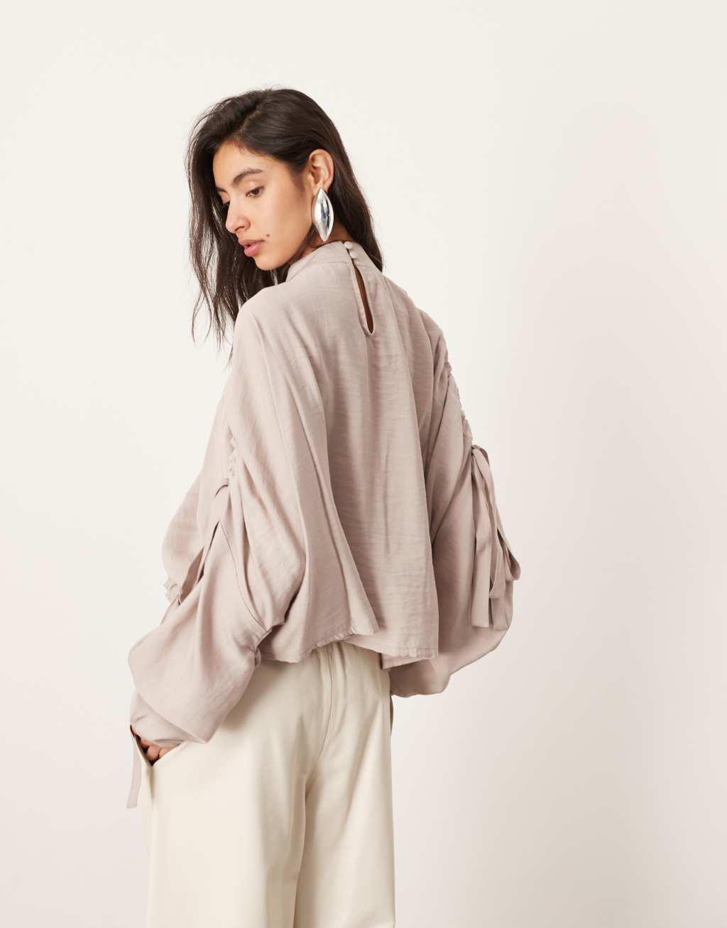 ASOS EDITION ruched detail slouchy oversized sleeve top in mushroom Product Image