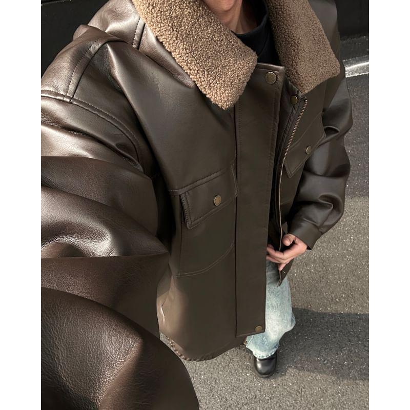 Fleece Collar Faux Leather Zip Jacket Product Image