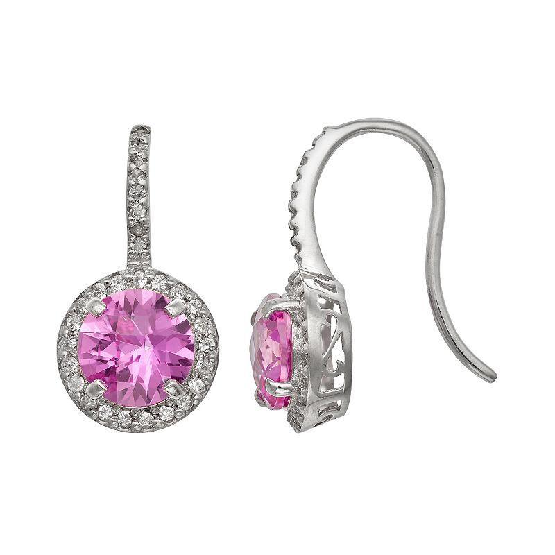 Sterling Silver Lab-Created Pink Sapphire and Lab-Created White Sapphire Halo Drop Earrings, Womens Product Image