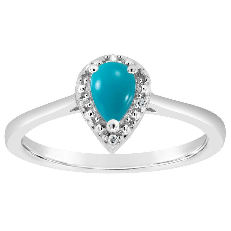 Celebration Gems Sterling Silver 6 mm x 4 mm Pear Shaped Stabilized Turquoise & Diamond Accent Halo Ring, Womens Product Image