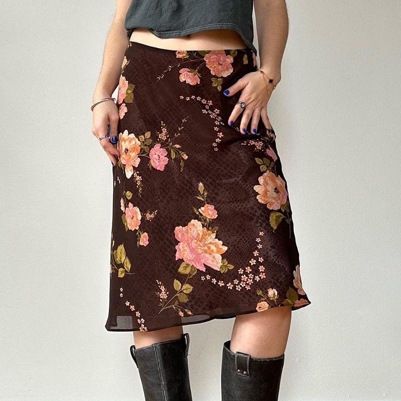 Low Waist Floral Print Mesh Midi Skirt Product Image