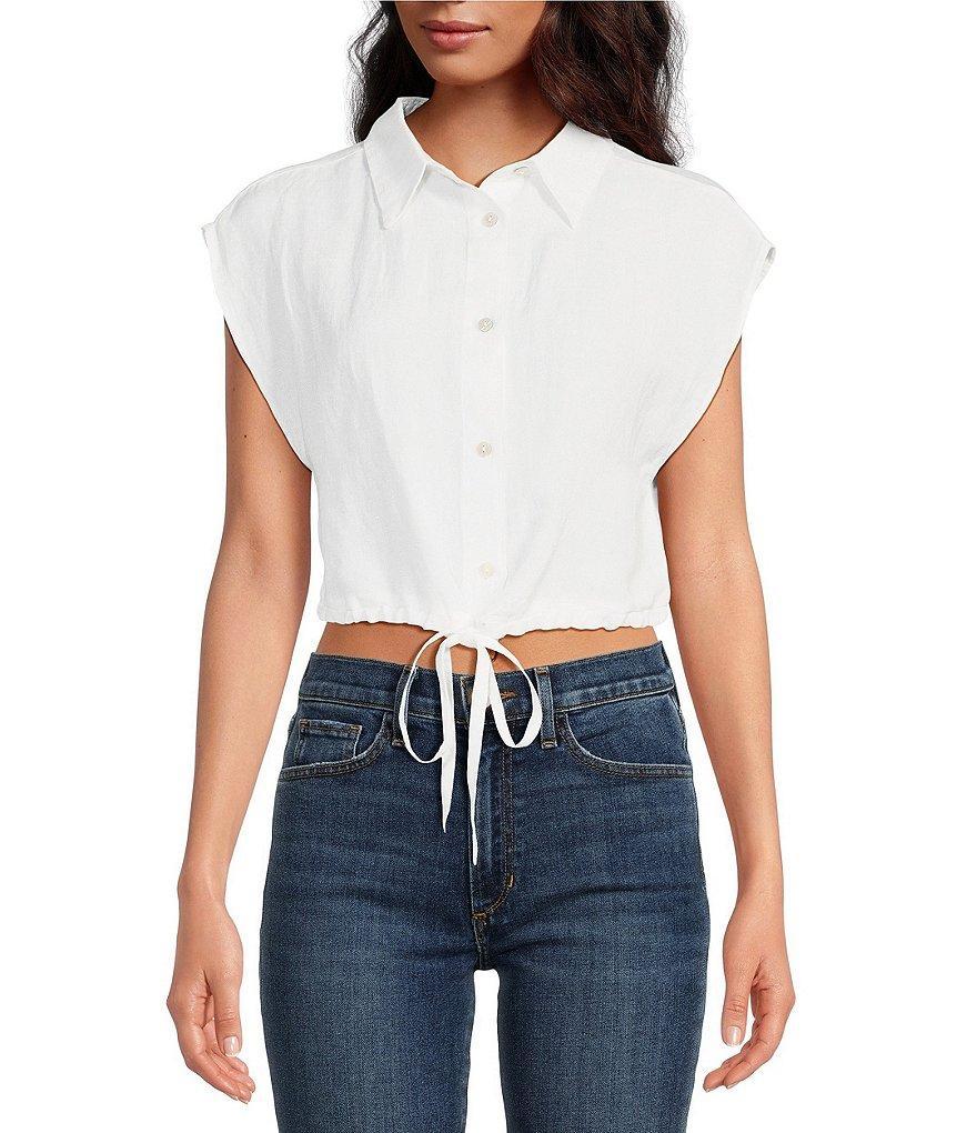 ELAN Point Collar Short Sleeve Button Down Cropped Top Product Image