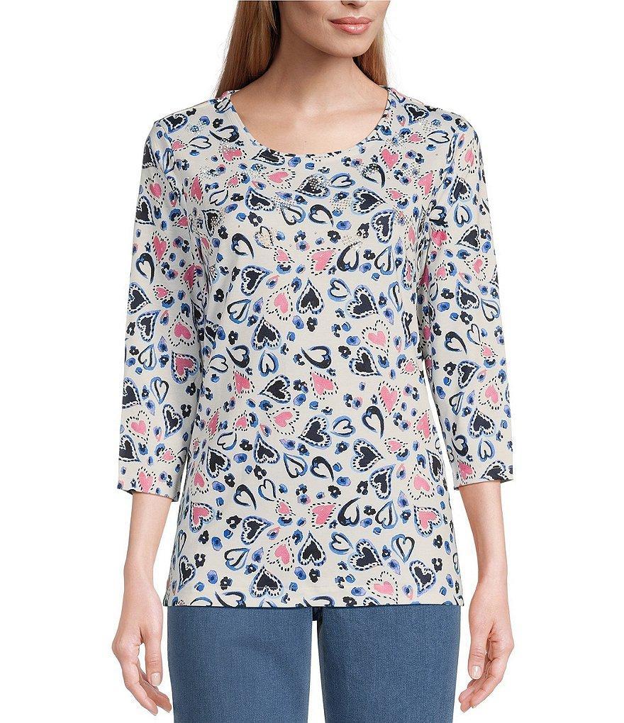 Allison Daley Embellished Tossed Heart Print 3/4 Sleeve Scoop Neck Knit Top Product Image