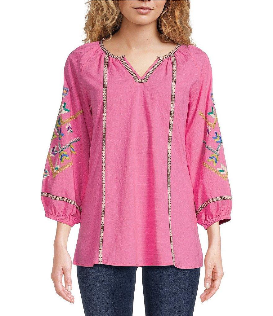 Calessa Embroidered Jewel Notch Neck Wrist Length Sleeve Tunic Product Image