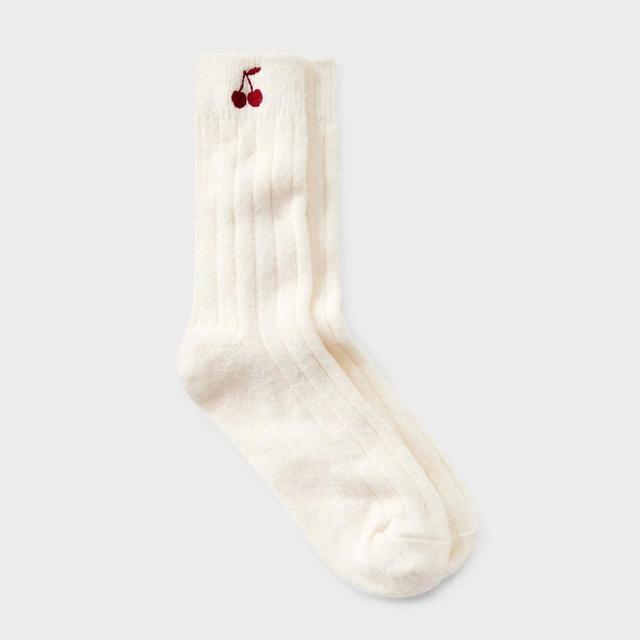 Womens Cozy Knit Ribbed Embroidered Cherry Crew Socks - A New Day 4-10 Product Image