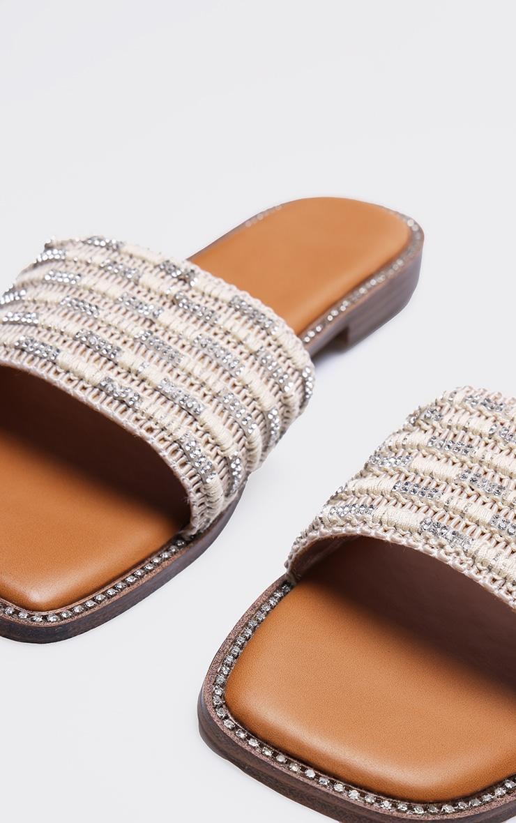 Beige Pu Square Toe Woven Strap Flat Sandals product image