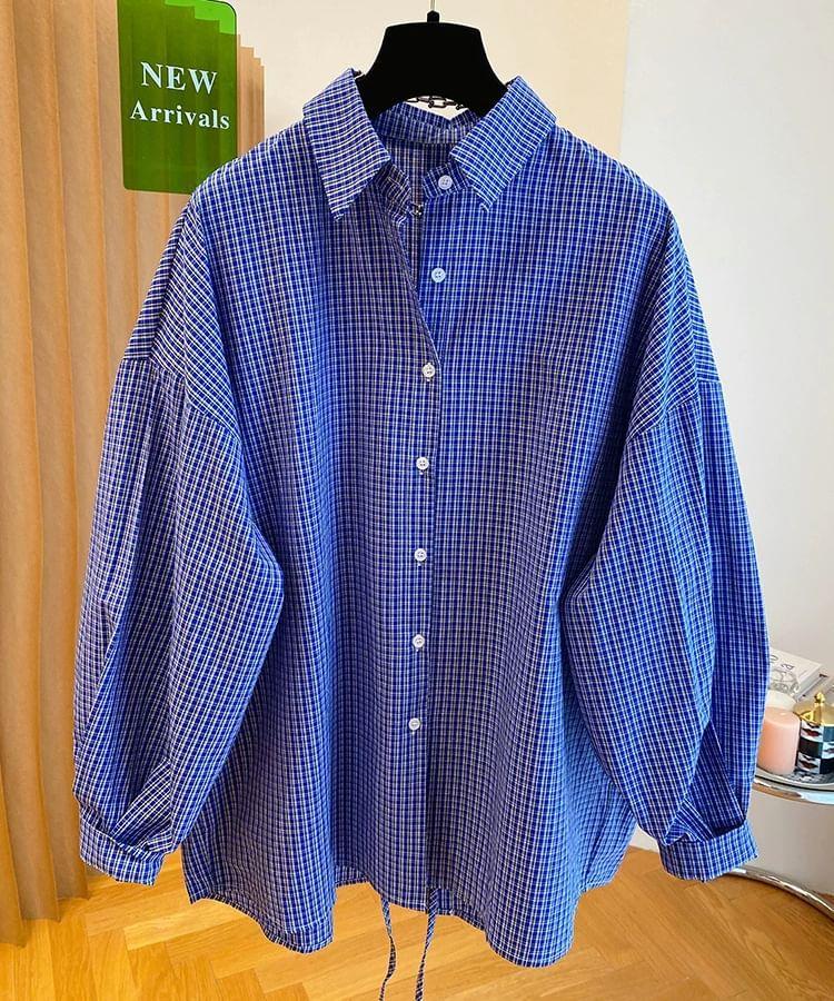 Long-Sleeve Plaid Slit Back Shirt Product Image