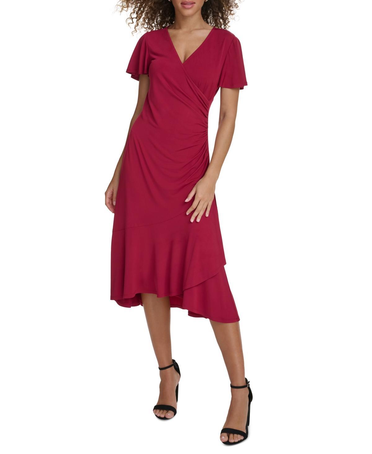 Kensie Ruched Waist Faux Wrap Surplice V-Neck Short Flutter Sleeve Midi Dress Product Image