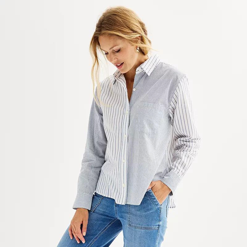 Womens Sonoma Goods For Life Oversized Boyfriend Shirt Blue Mixed Stripe Product Image