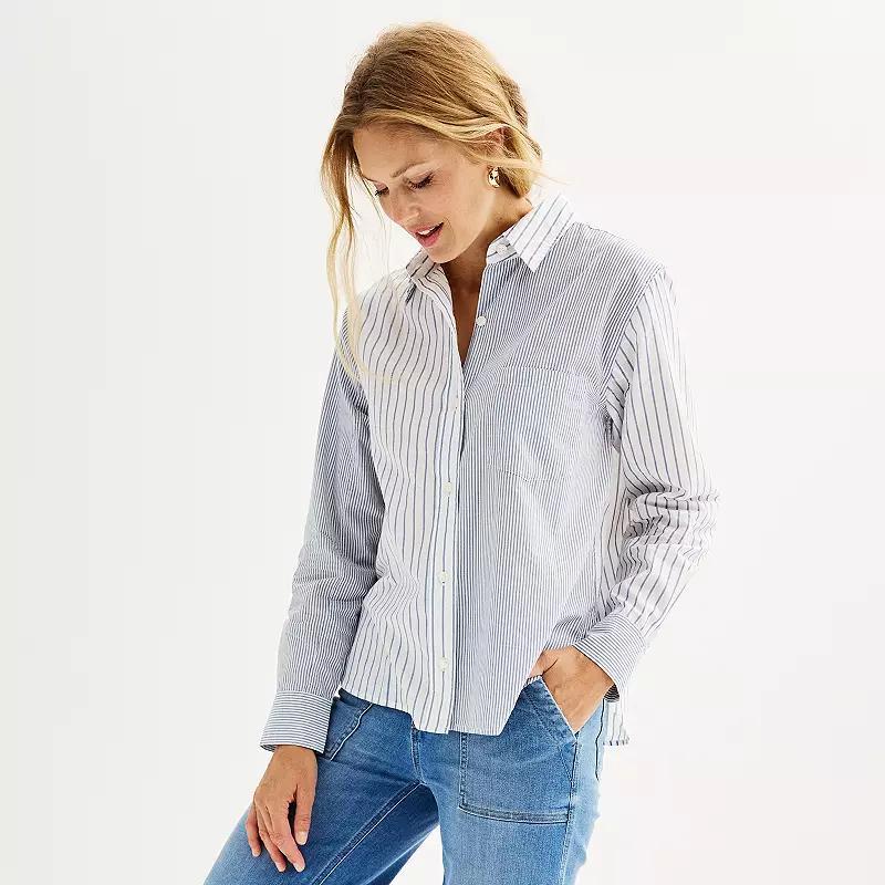 Womens Sonoma Goods For Life Oversized Boyfriend Shirt Blue Mixed Stripe Product Image