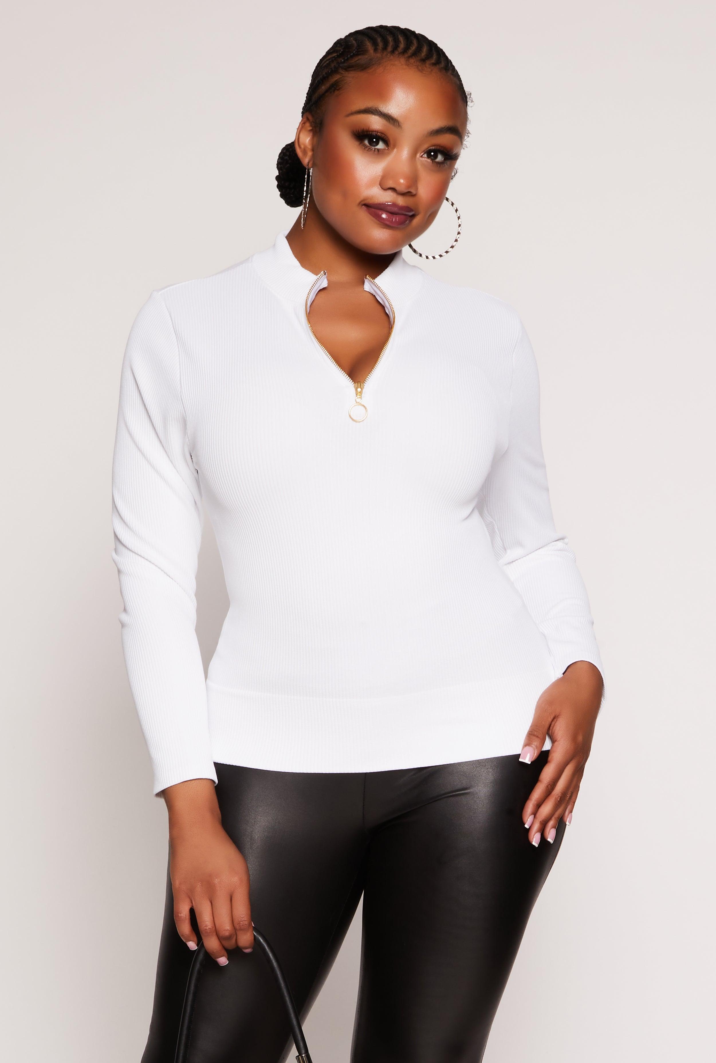 Womens Plus Size Seamless Ribbed Zip Neck Long Sleeve Top Product Image