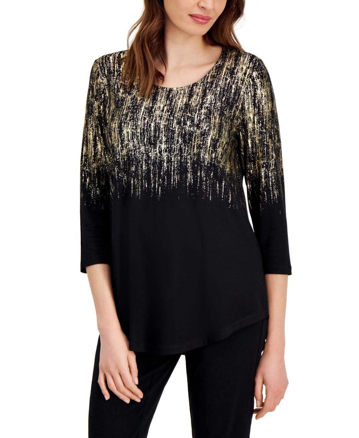 Jm Collection Womens Foil-Print Knit 3/4-Sleeve Top, Created for Macys Product Image