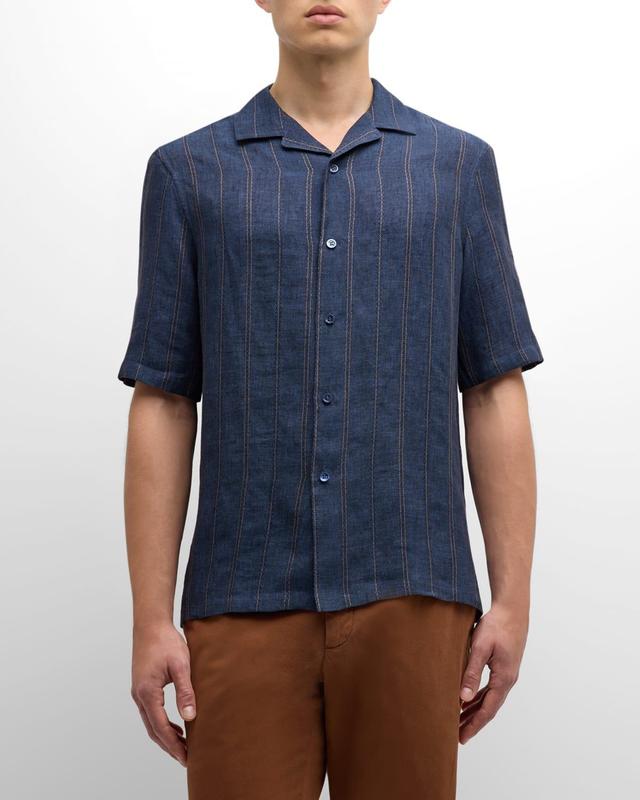 Mens Linen Embroidered Stripe Camp Shirt Product Image