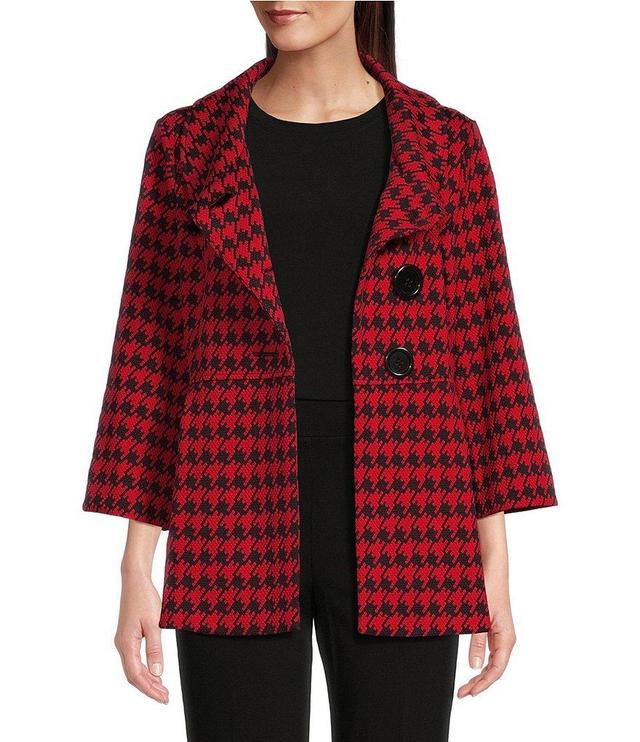 Ali Miles Petite Size Stretch Jacquard Houndstooth Collared 3/4 Sleeve Button Up Jacket Product Image