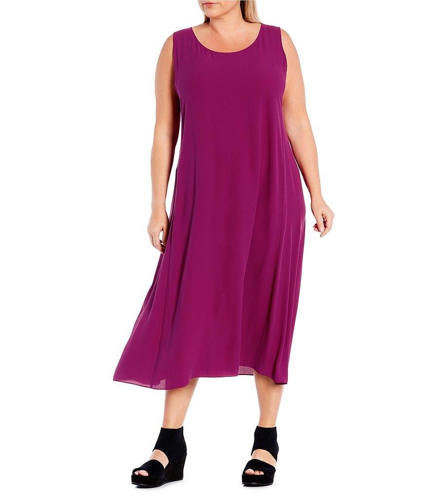 Eileen Fisher Plus Size Silk Georgette Crepe Scoop Neck Sleeveless Pocketed Shift Midi Dress Product Image