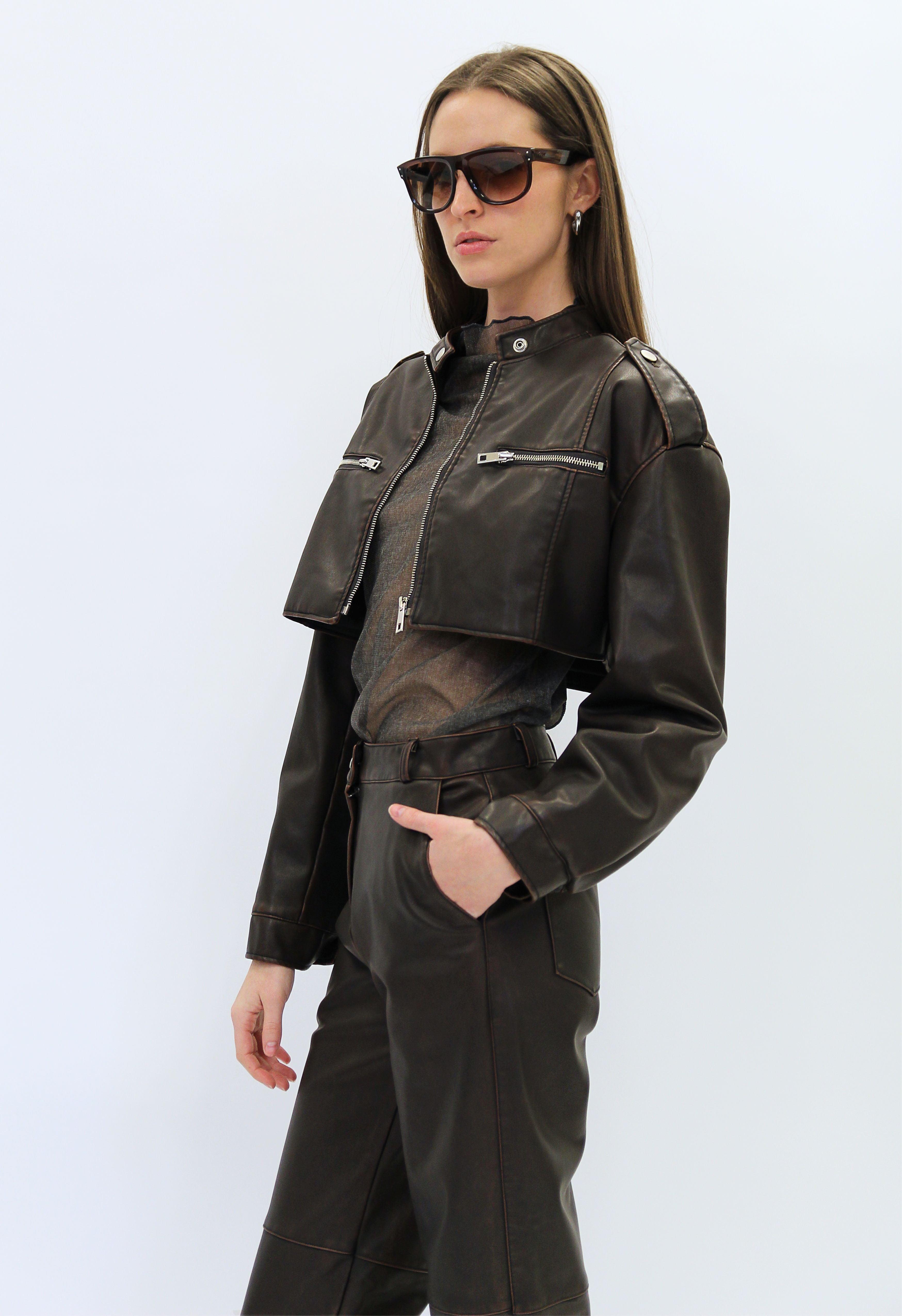 Brown Leather Cropped Jacket Product Image