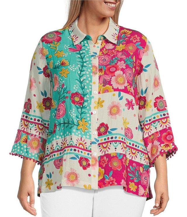 John Mark Plus Size Floral Print Point Collar 3/4 Sleeve Button Front Tunic Product Image