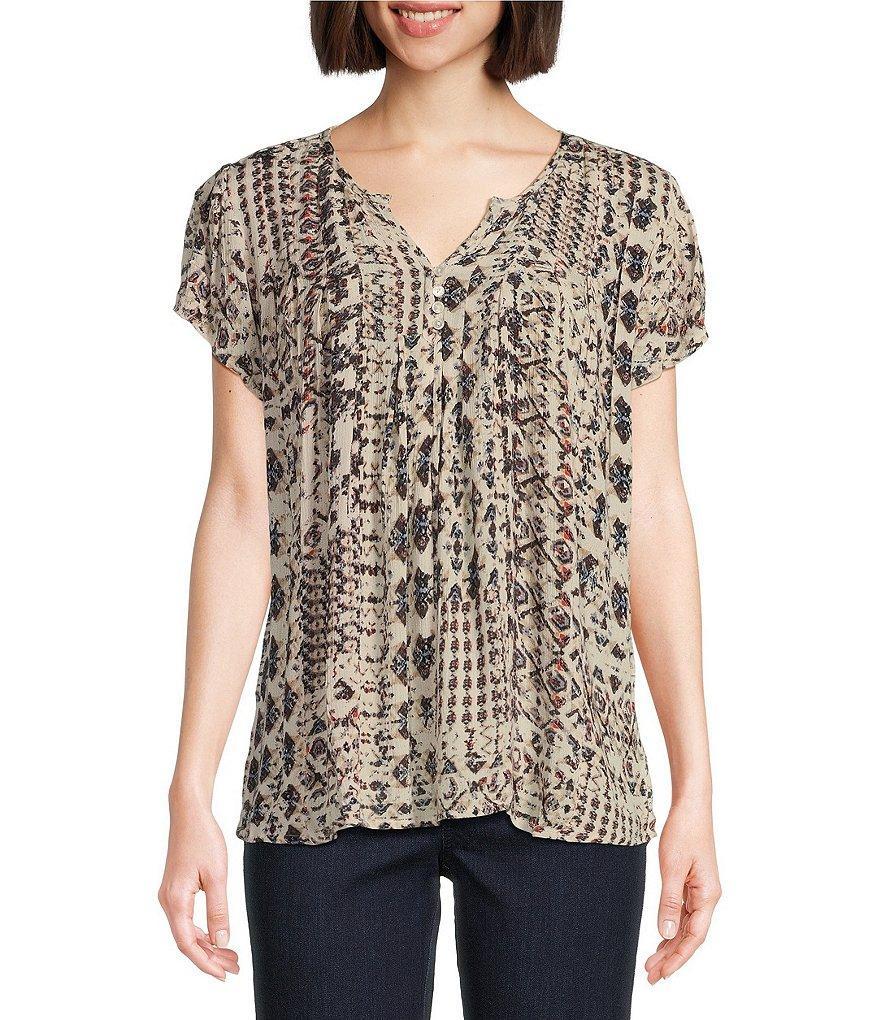 Intro Petite Size Birch Print Crinkle Gauze Split Neck Short Flutter Sleeve Top product image