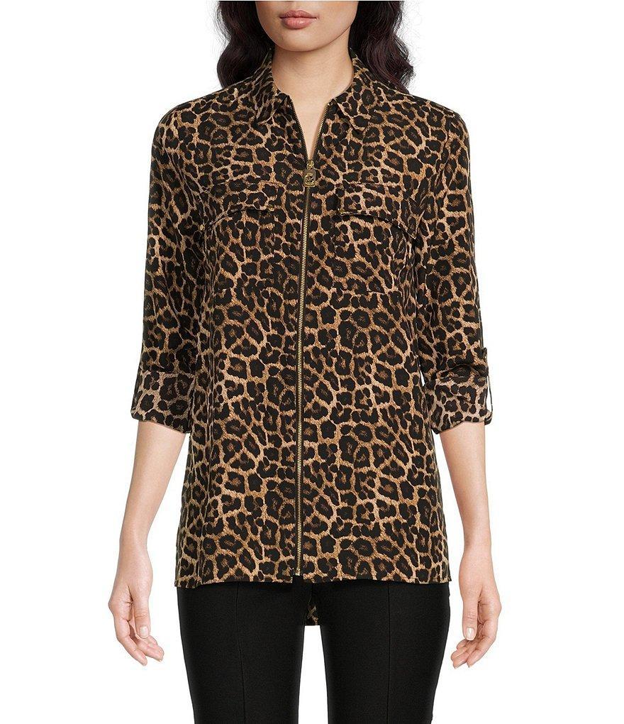 MICHAEL Michael Kors Leopard Print Point Collar Pebble Crepe Roll-Tab 3/4 Sleeve Zip Front Top Product Image